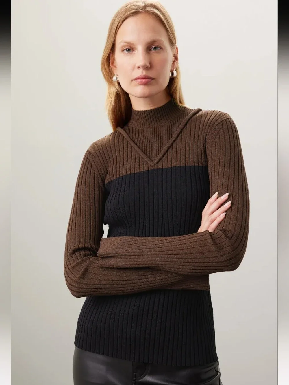 Marina Moscone Brown Colorblock Mock Neck Rib Sweater Size XS